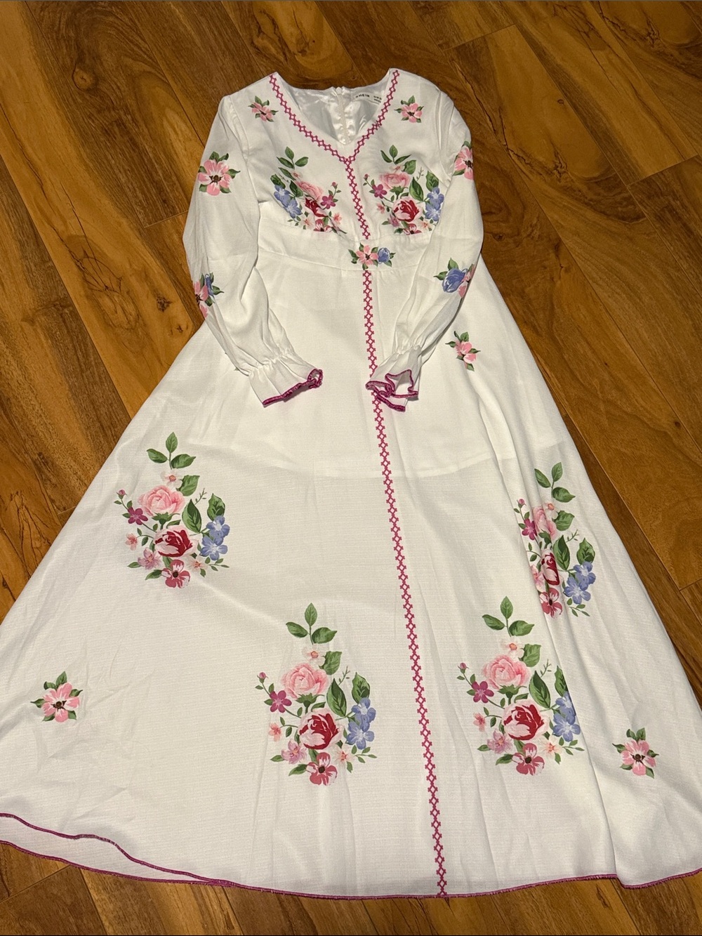 SHEIN White Floral Maxi Dress with Pink Trim